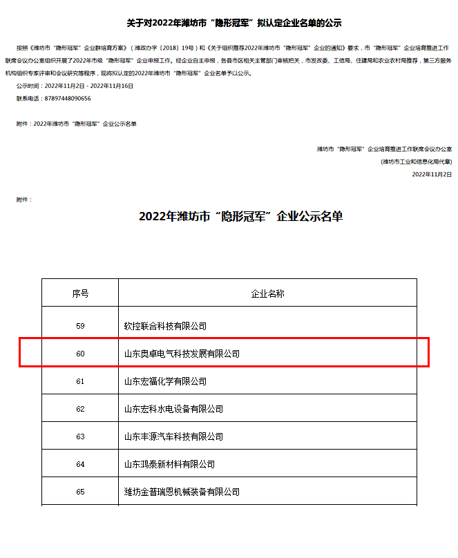 濰坊市隱形冠軍企業